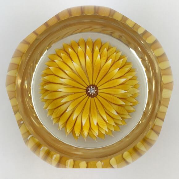 Perthshire 1986G Golden Dahlia Layered Petal Lampwork Flower Faceted Paperweight - Picture 1 of 12